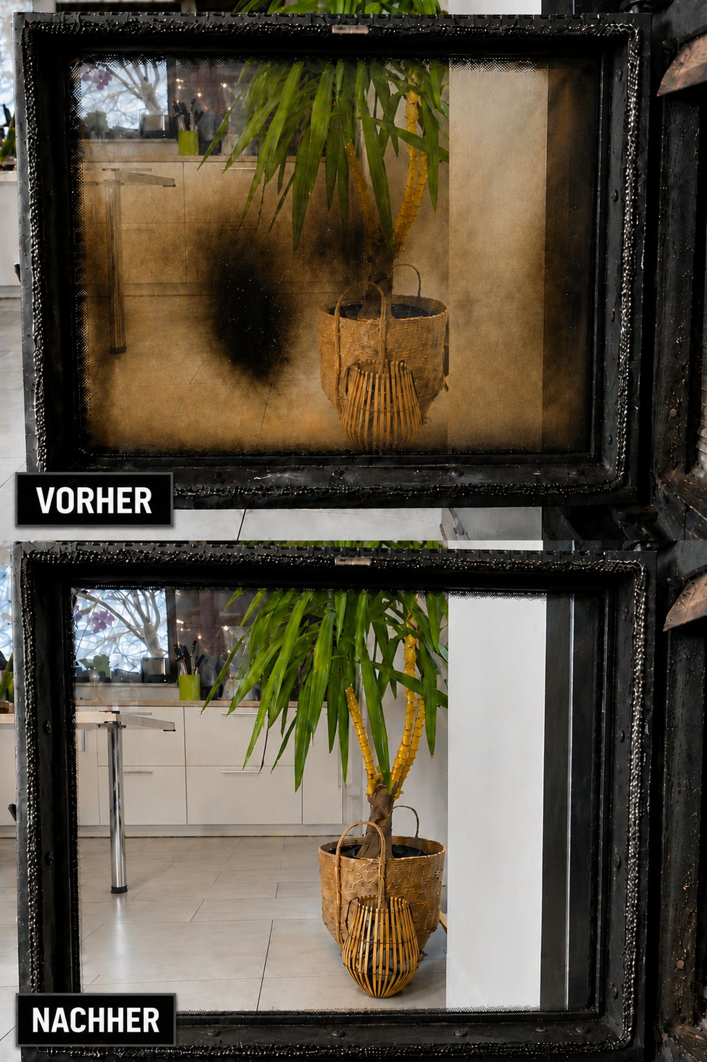 Verrußtes Kaminglas vor und nach der Reinigung