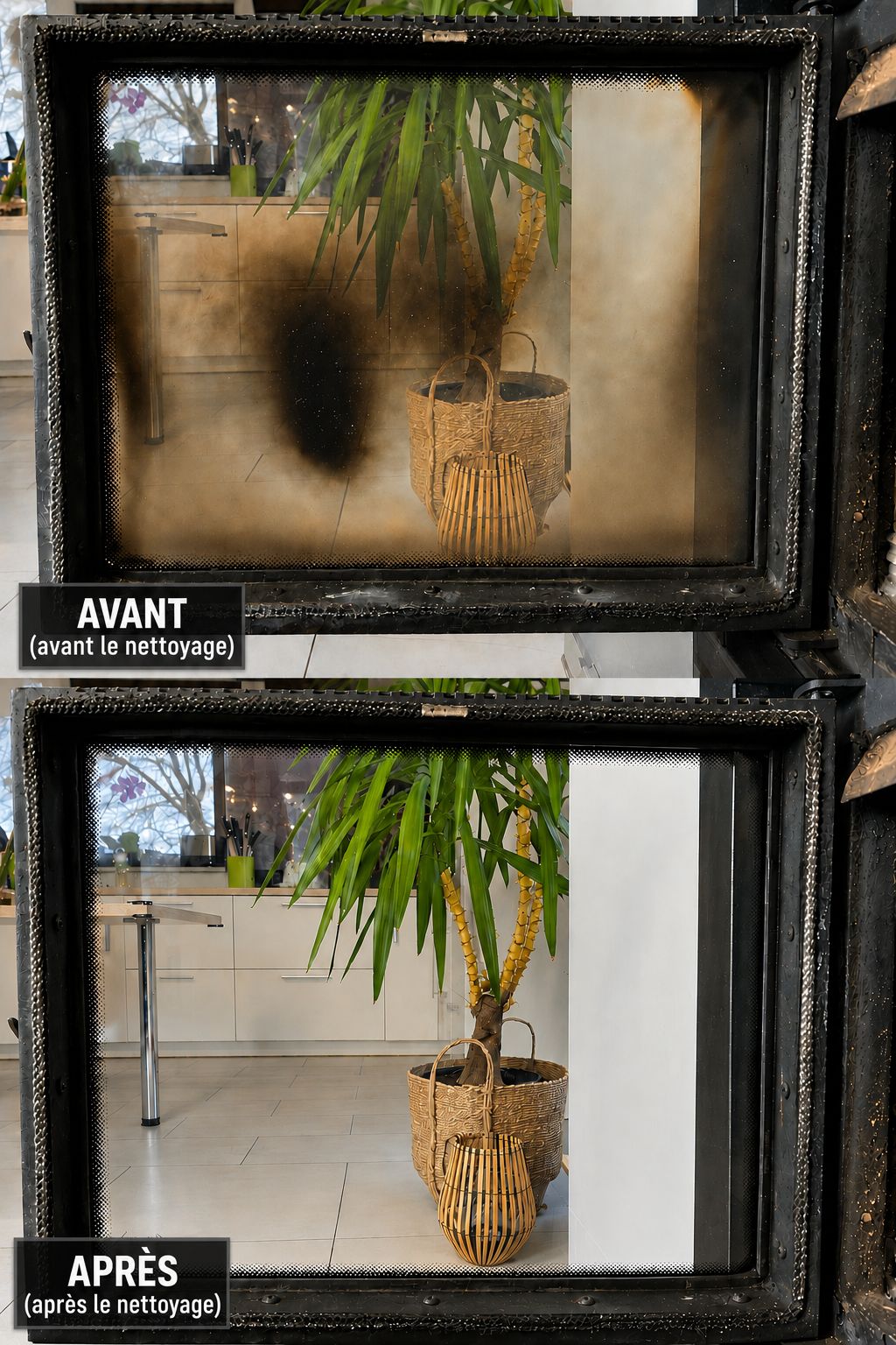 Différence avant et après le nettoyage d’une vitre résistante à la chaleur à l’aide d’un nettoyant spécial pour vitres de cheminée
